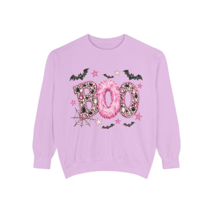 Halloween "BOO" Sweatshirt — Pink Glitter Bat & Spiderweb Graphic