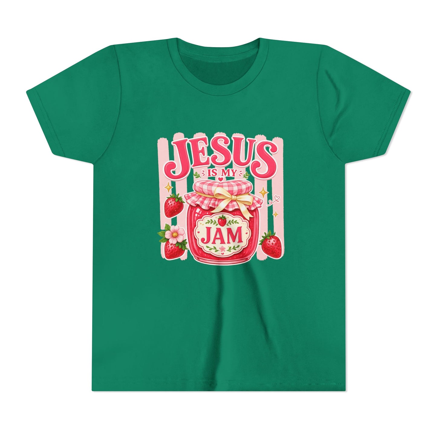 Youth Tee — "Jesus Is My Jam" Strawberry Faith Graphic