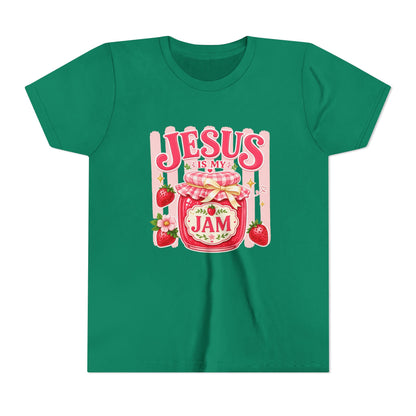 Youth Tee — "Jesus Is My Jam" Strawberry Faith Graphic