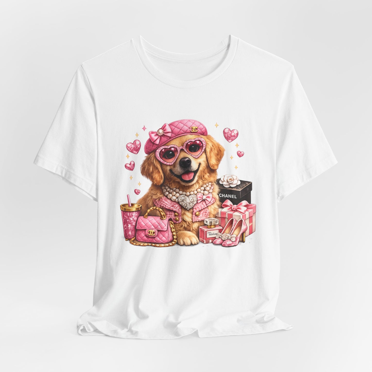Pink Glam Dog T‑Shirt — Cute Designer Pup with Hearts & Accessories
