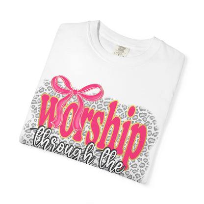 Worship Through the Worry T-Shirt — Faith-Inspired Leopard Graphic Tee