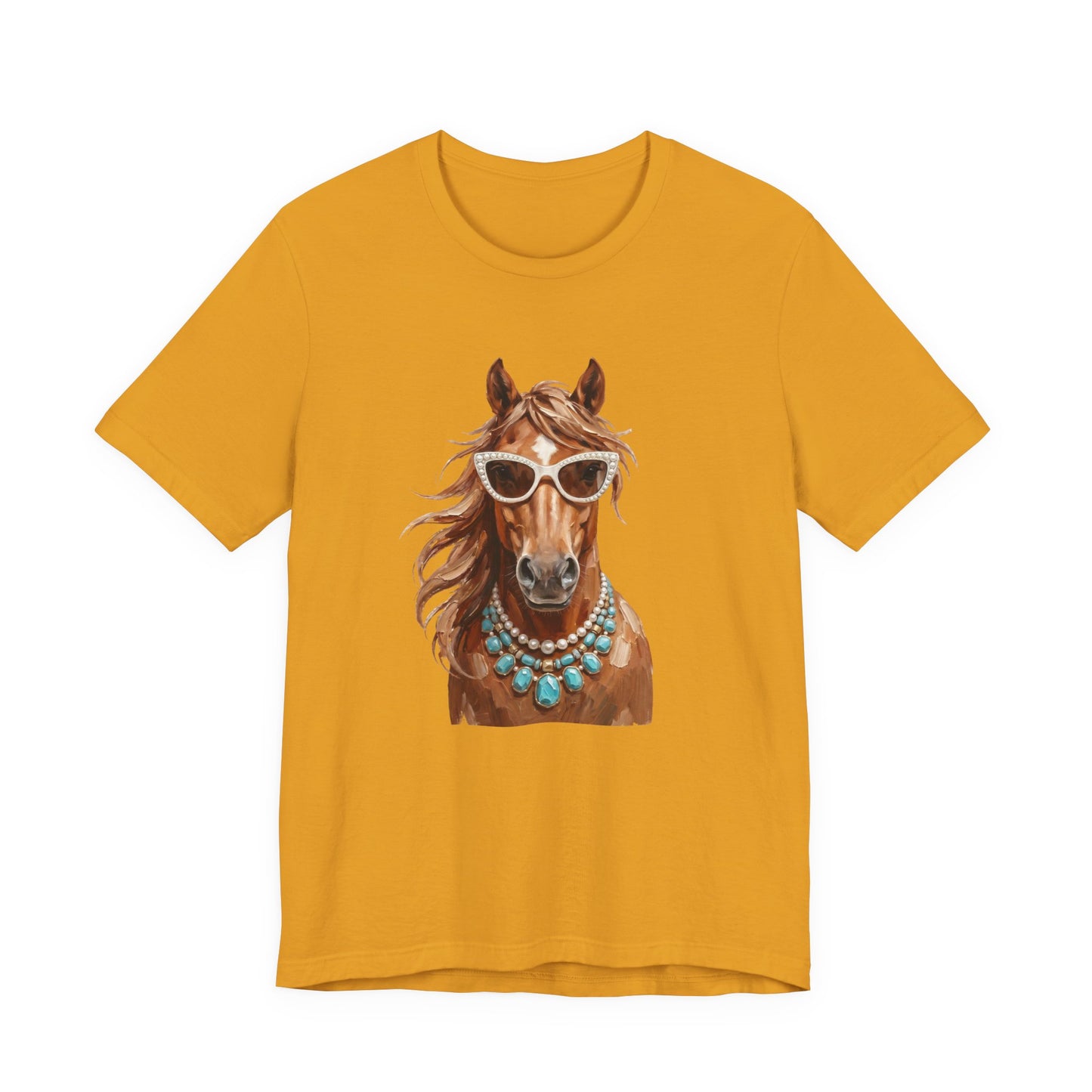Horse Portrait T‑Shirt — Chic Horse in Sunglasses & Turquoise Necklace