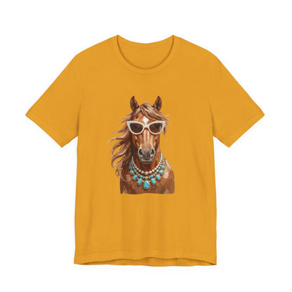 Horse Portrait T‑Shirt — Chic Horse in Sunglasses & Turquoise Necklace