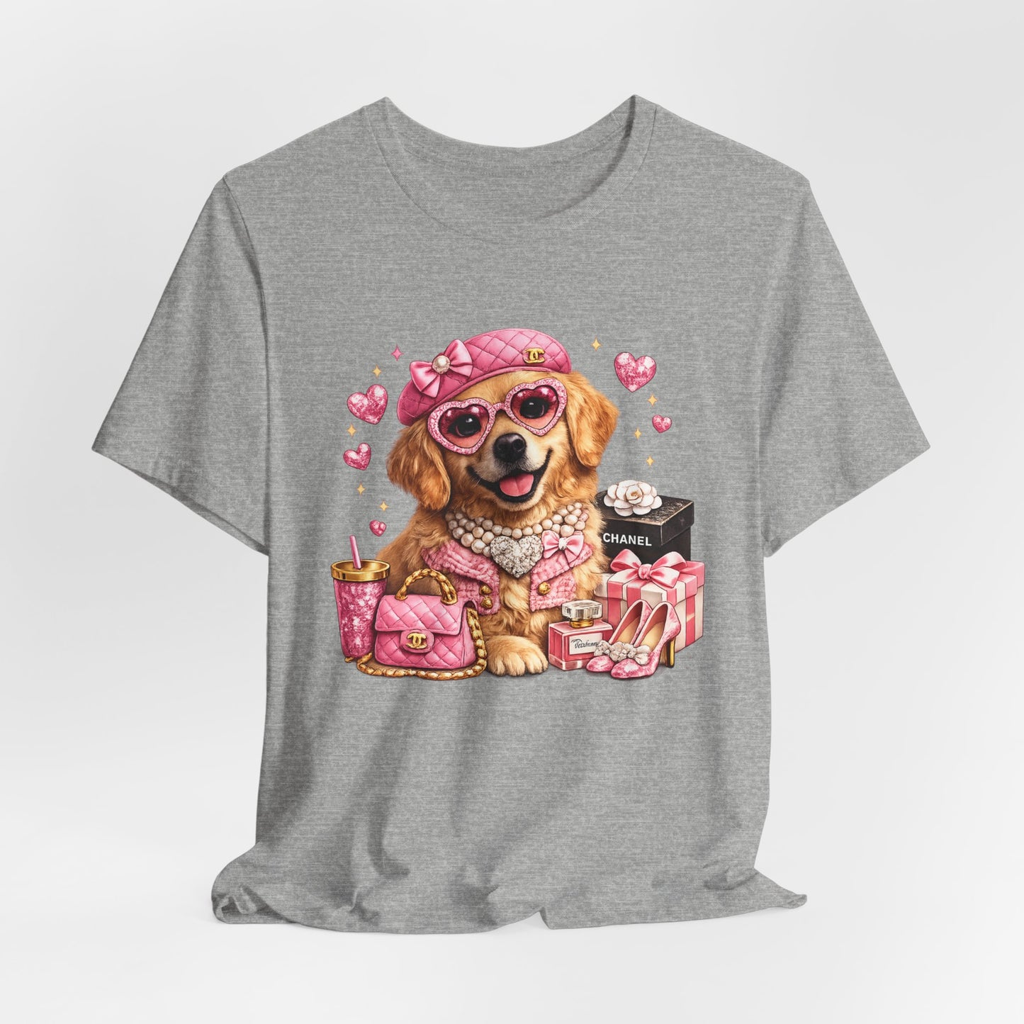 Pink Glam Dog T‑Shirt — Cute Designer Pup with Hearts & Accessories