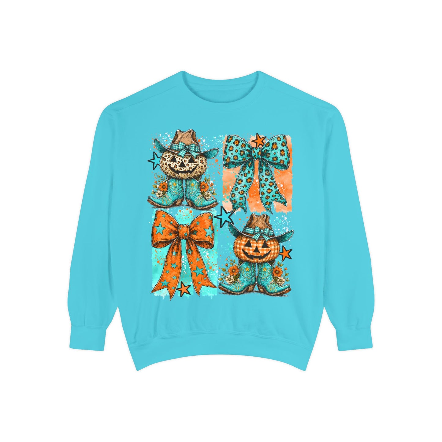 Halloween Cat & Pumpkin Bow Sweatshirt — Cute Teal Orange Fall Graphic