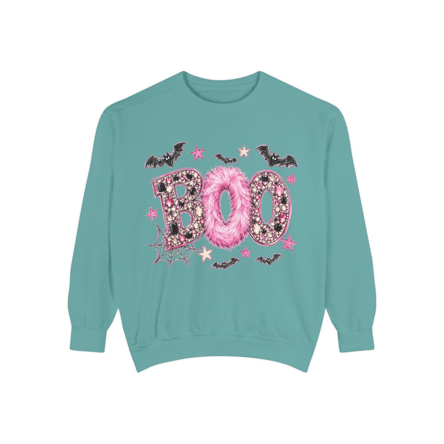 Halloween "BOO" Sweatshirt — Pink Glitter Bat & Spiderweb Graphic