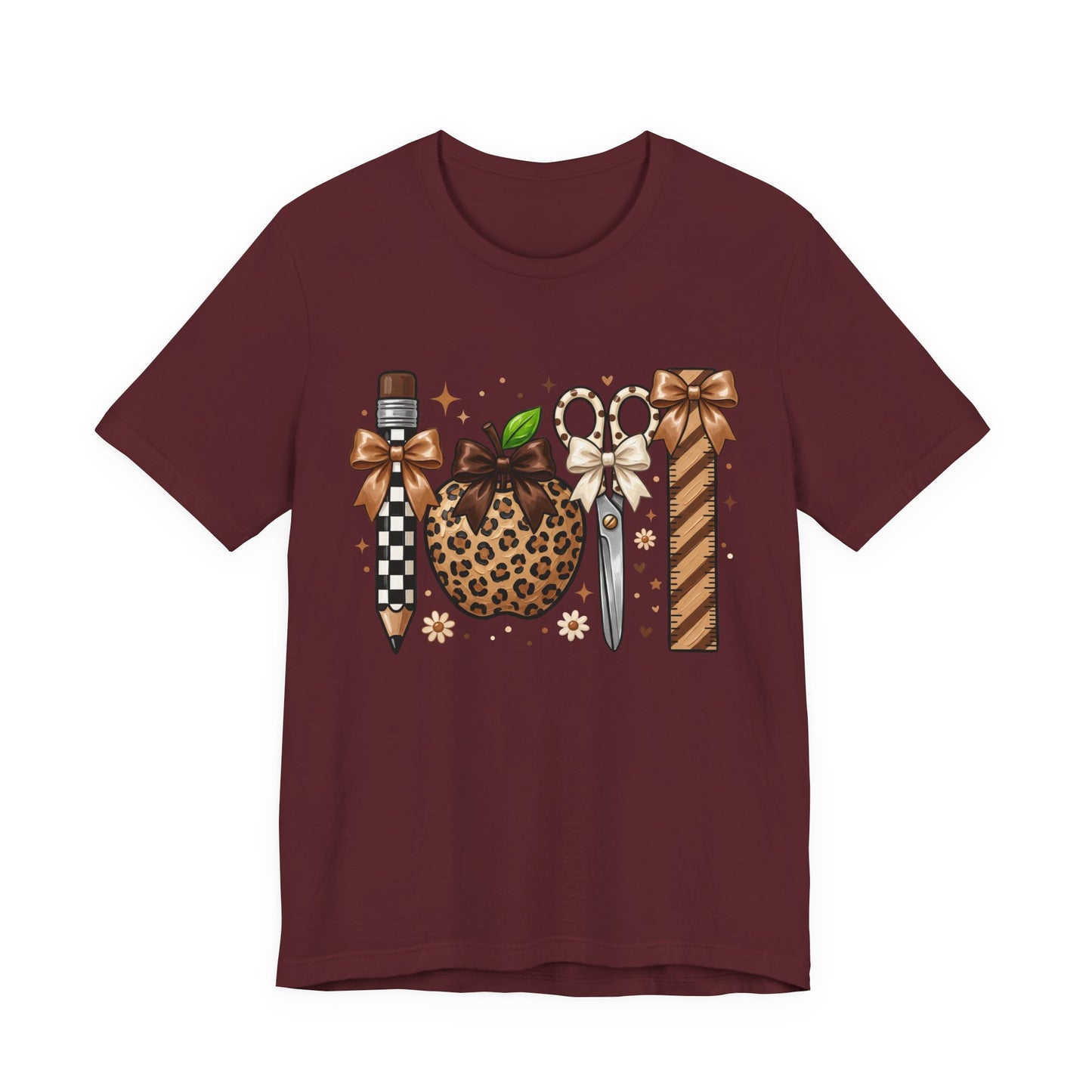 Leopard Apple & School Tools Teacher T‑Shirt — Back to School Graphic Tee