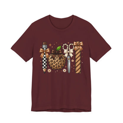Leopard Apple & School Tools Teacher T‑Shirt — Back to School Graphic Tee