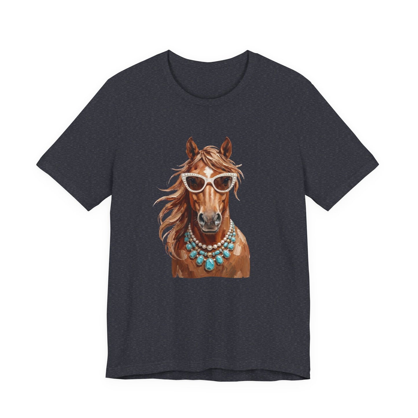 Horse Portrait T‑Shirt — Chic Horse in Sunglasses & Turquoise Necklace