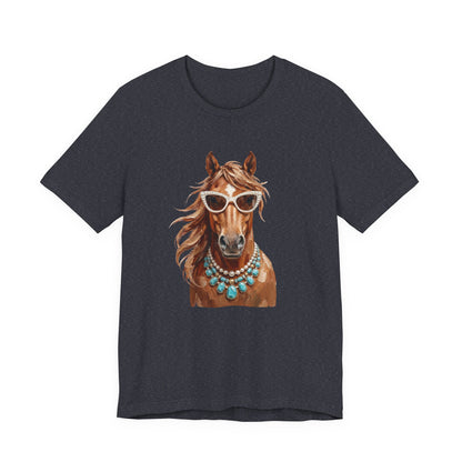 Horse Portrait T‑Shirt — Chic Horse in Sunglasses & Turquoise Necklace