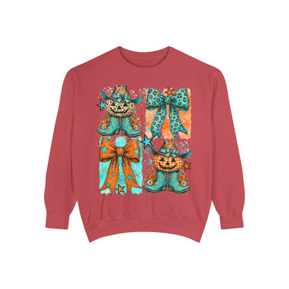 Halloween Cat & Pumpkin Bow Sweatshirt — Cute Teal Orange Fall Graphic