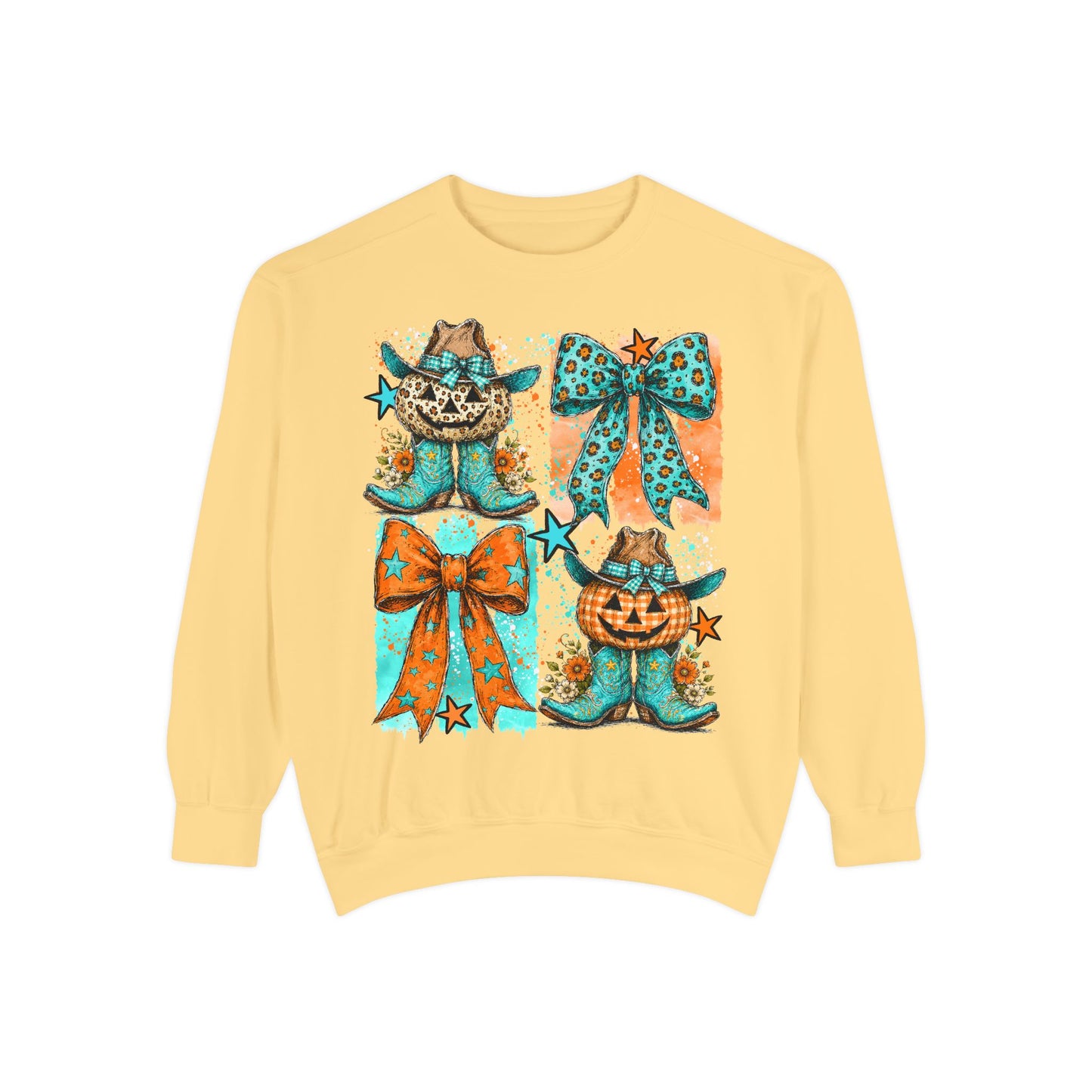 Halloween Cat & Pumpkin Bow Sweatshirt — Cute Teal Orange Fall Graphic
