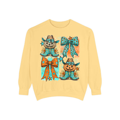Halloween Cat & Pumpkin Bow Sweatshirt — Cute Teal Orange Fall Graphic