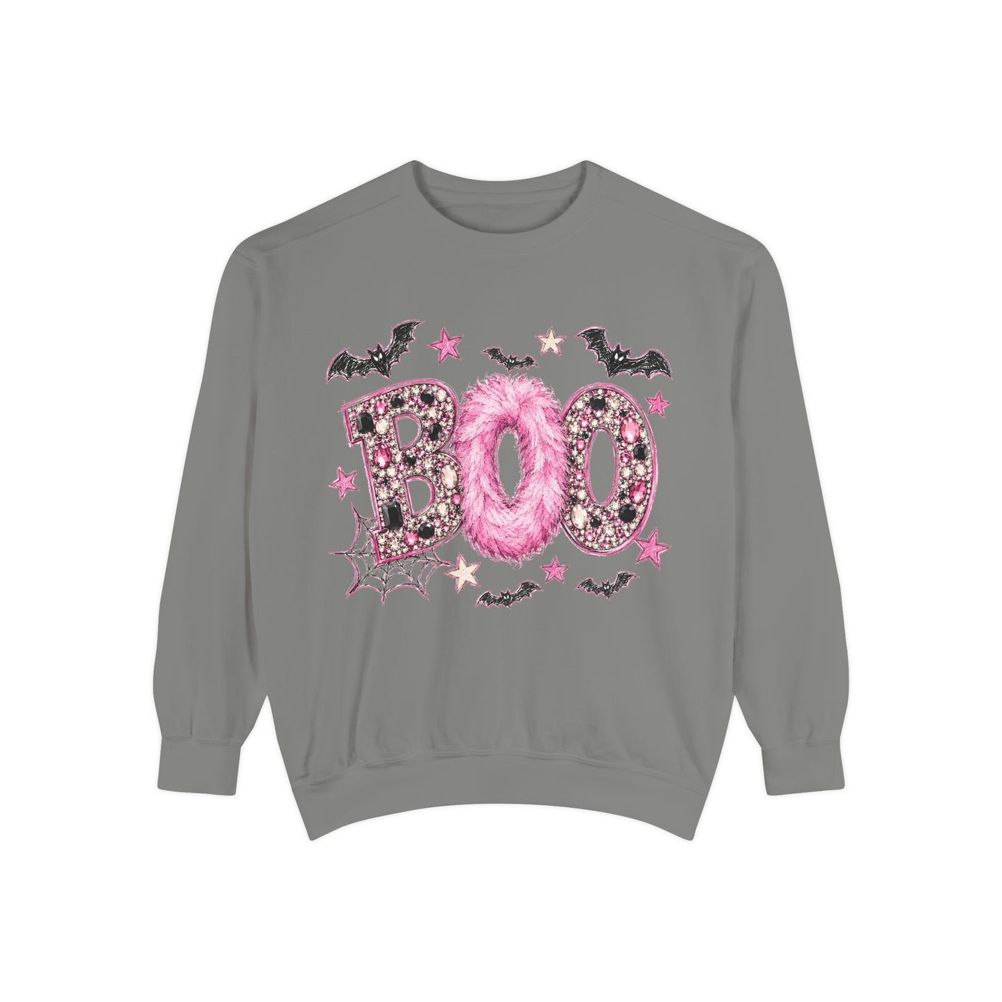 Halloween "BOO" Sweatshirt — Pink Glitter Bat & Spiderweb Graphic