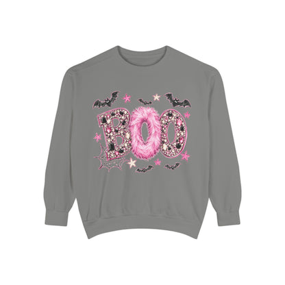 Halloween "BOO" Sweatshirt — Pink Glitter Bat & Spiderweb Graphic
