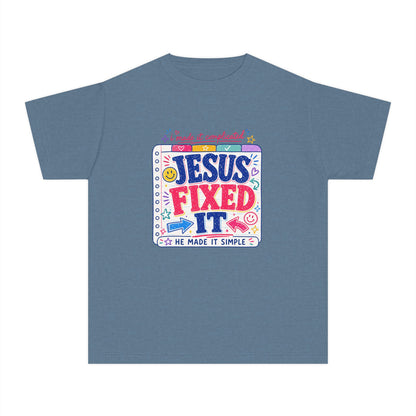 Youth Tee — "Jesus Fixed It" Colorful Faith Graphic