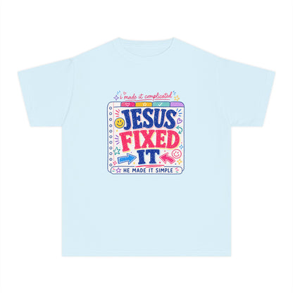 Youth Tee — "Jesus Fixed It" Colorful Faith Graphic