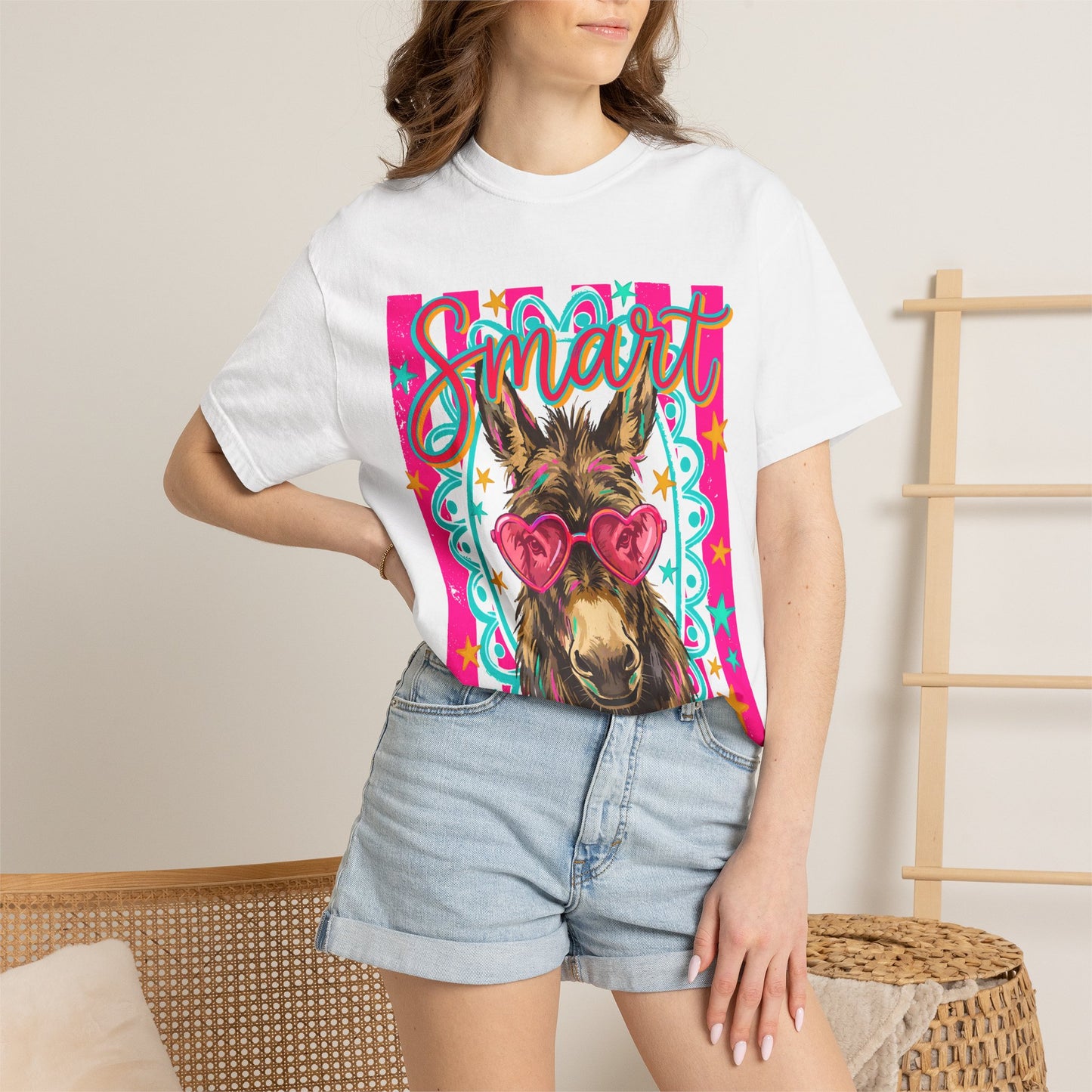 Smart Donkey Graphic T-Shirt – Retro Colorful Mule with Heart Sunglasses
