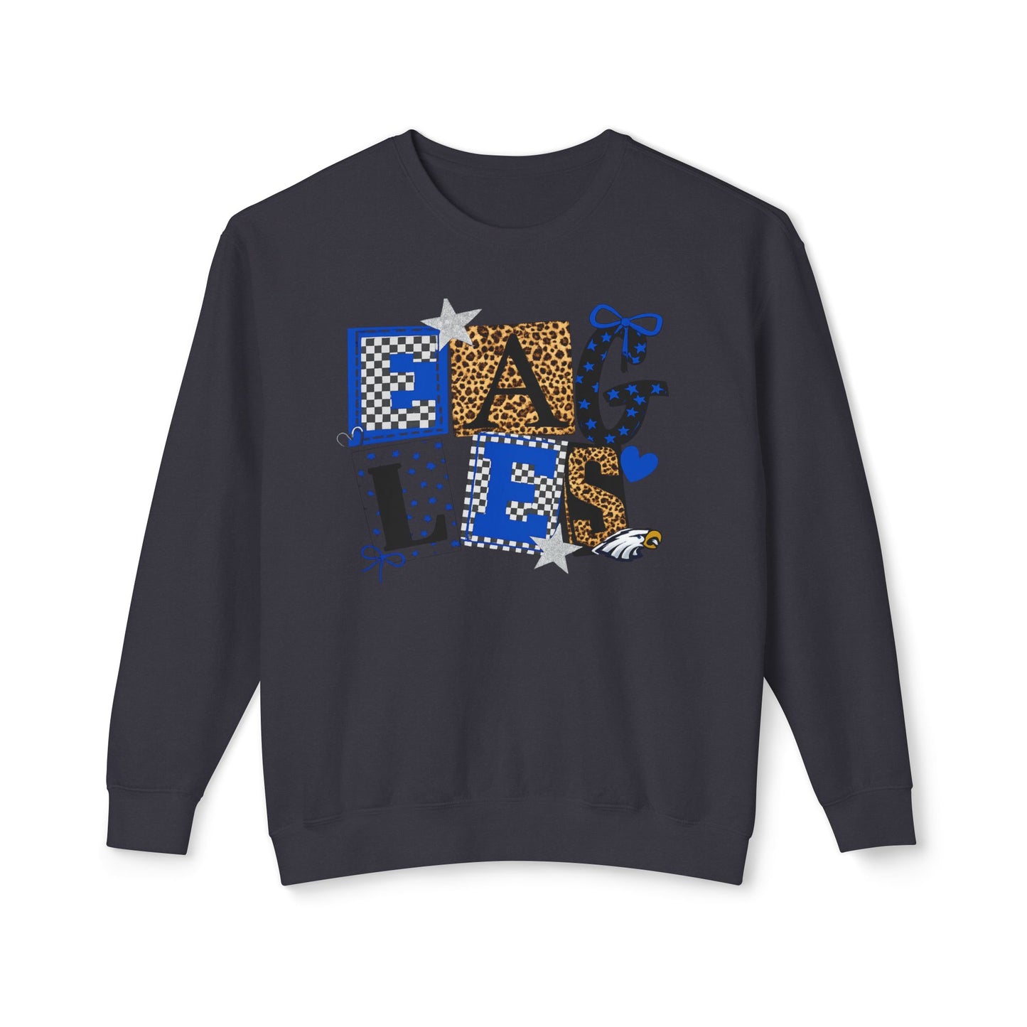 Eagles Patchwork Crewneck Sweatshirt – Blue & Leopard College Spirit