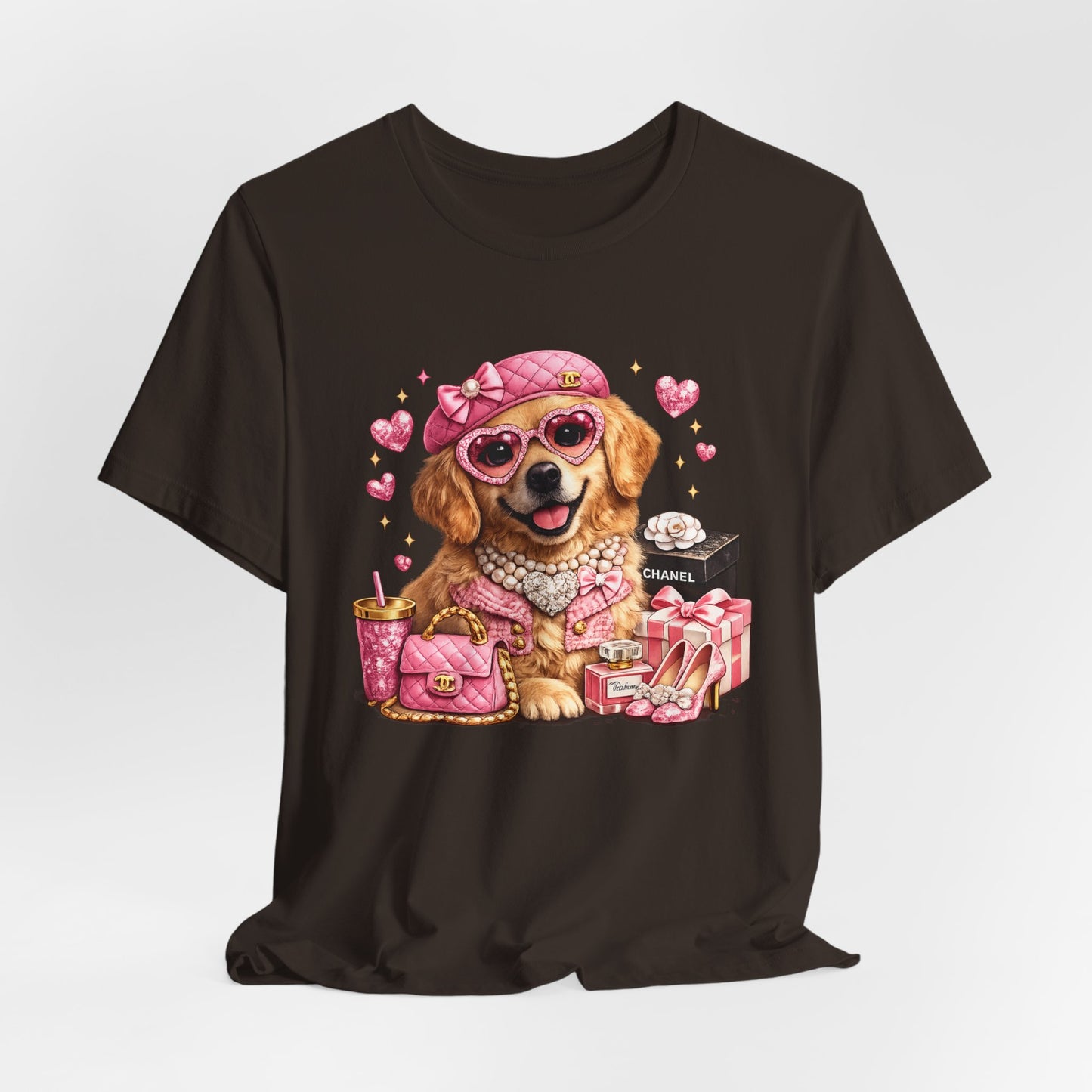 Pink Glam Dog T‑Shirt — Cute Designer Pup with Hearts & Accessories