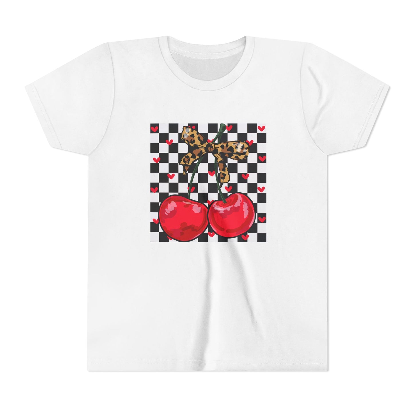 Youth Tee — Checkerboard Cherries Graphic Tee (Leopard Bow)