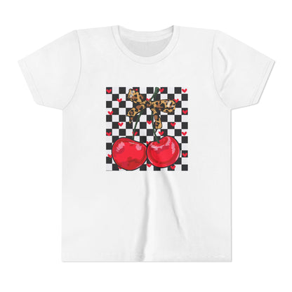 Youth Tee — Checkerboard Cherries Graphic Tee (Leopard Bow)