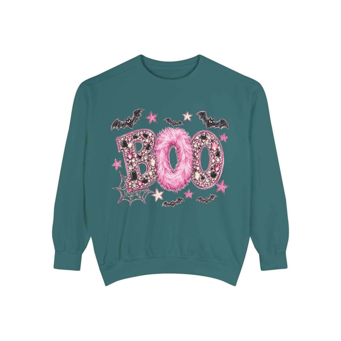 Halloween "BOO" Sweatshirt — Pink Glitter Bat & Spiderweb Graphic