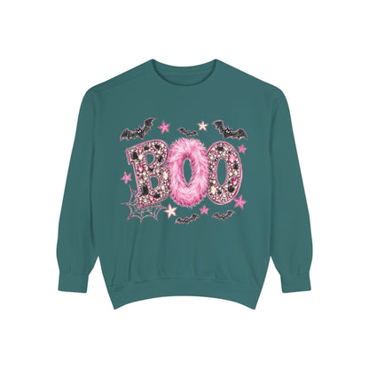 Halloween "BOO" Sweatshirt — Pink Glitter Bat & Spiderweb Graphic