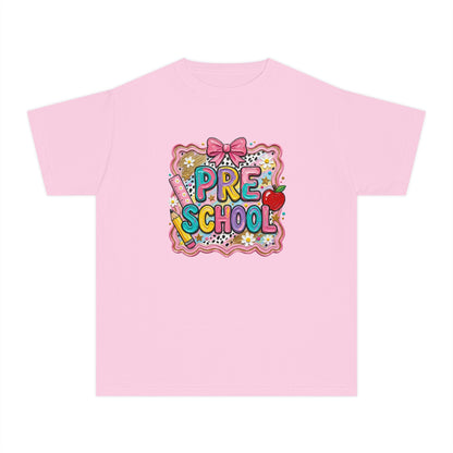 Preschool Cute Patch Kids Tee — 'Pre School' Back-to-School Shirt with Bow & Apple Design