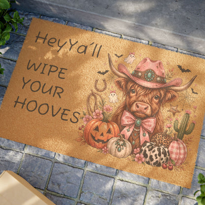 Cowgirl Halloween Doormat — “Hey Y’all Wipe Your Hooves” Welcome Mat