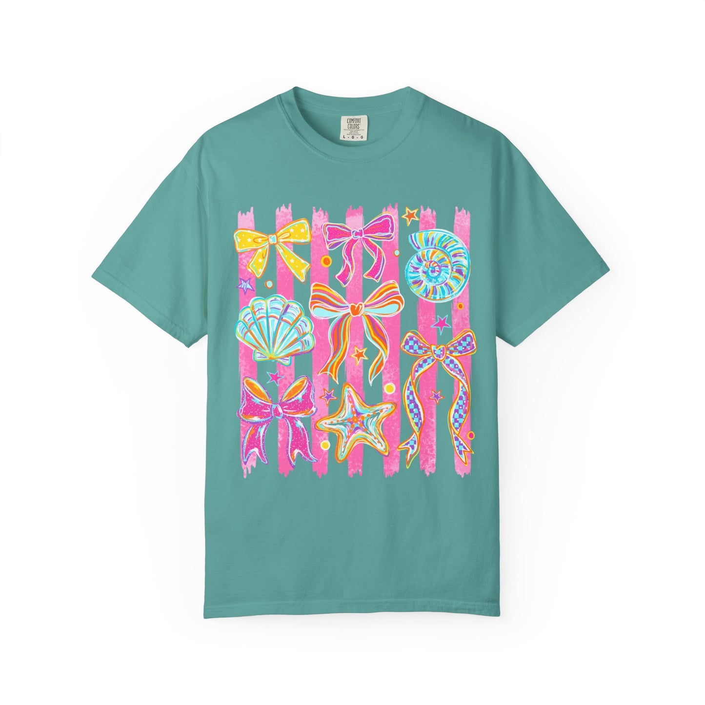Beach Bow Graphic T-Shirt — Colorful Seashells & Starfish Design