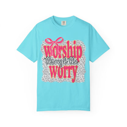 Worship Through the Worry T-Shirt — Faith-Inspired Leopard Graphic Tee