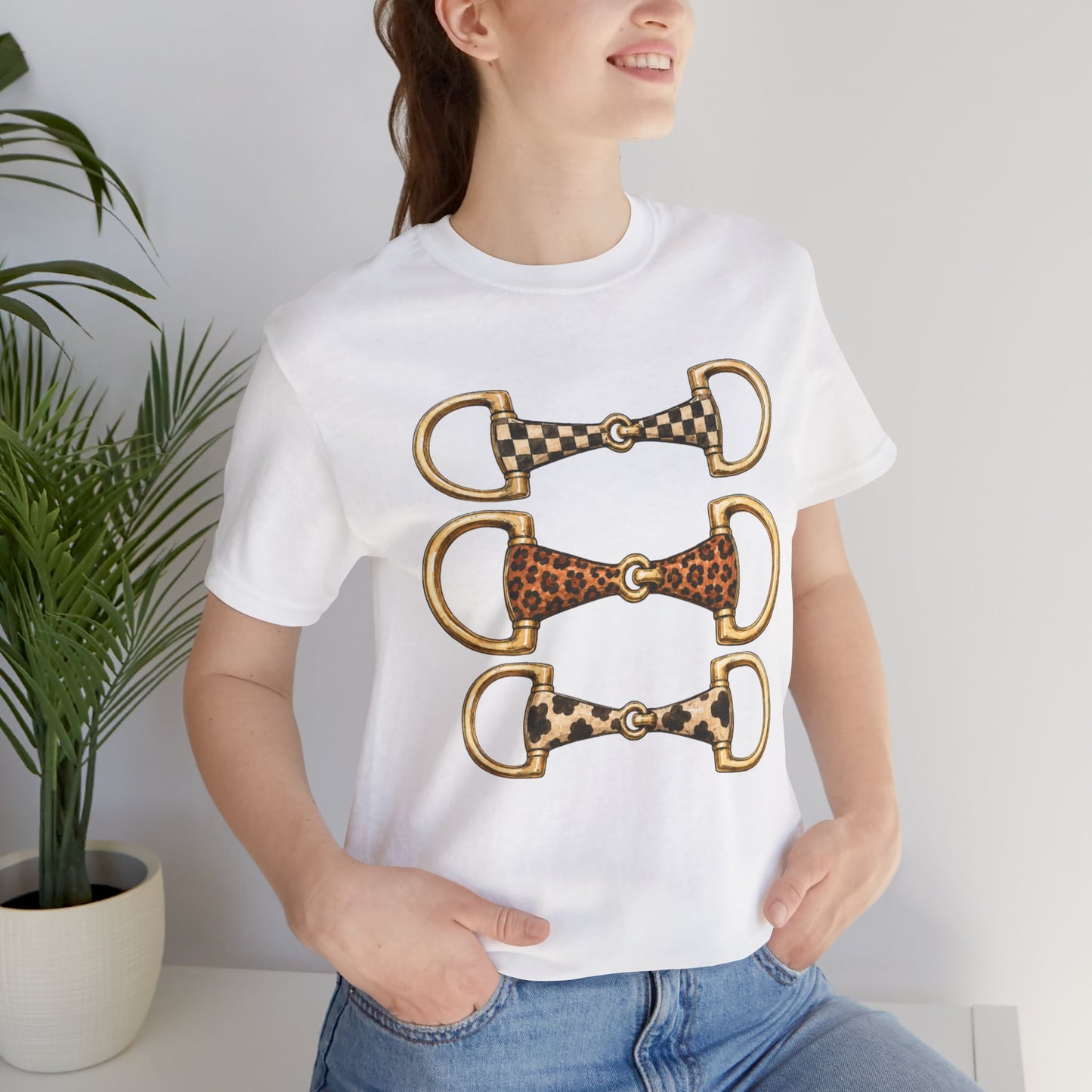 Equestrian Bit Trio Tee — Leopard & Checked Horse Bit Graphic T-Shirt