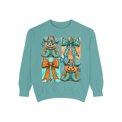 Halloween Cat & Pumpkin Bow Sweatshirt — Cute Teal Orange Fall Graphic