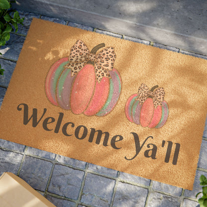 Welcome Y'all Fall Doormat — Leopard Bow Pumpkin Porch Mat