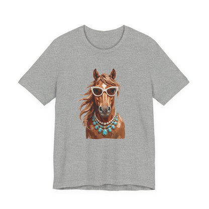 Horse Portrait T‑Shirt — Chic Horse in Sunglasses & Turquoise Necklace