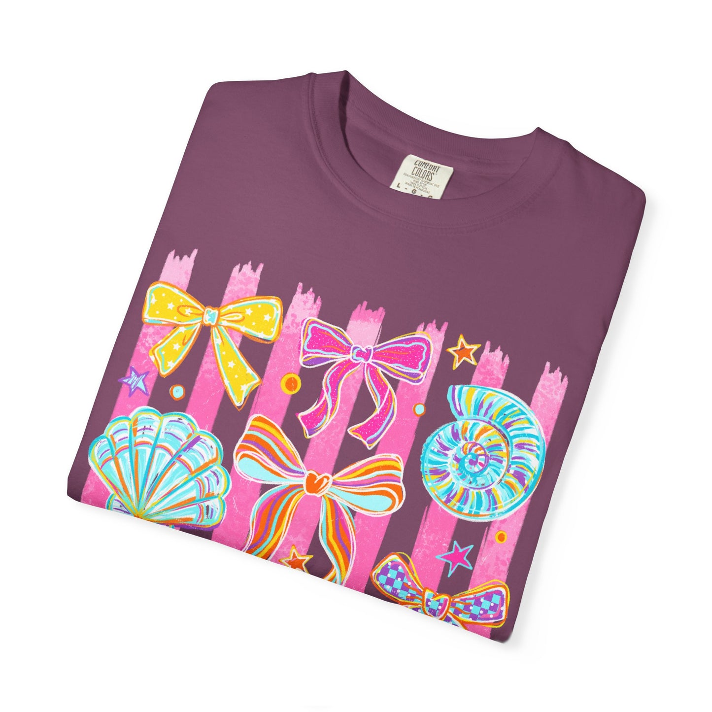 Beach Bow Graphic T-Shirt — Colorful Seashells & Starfish Design