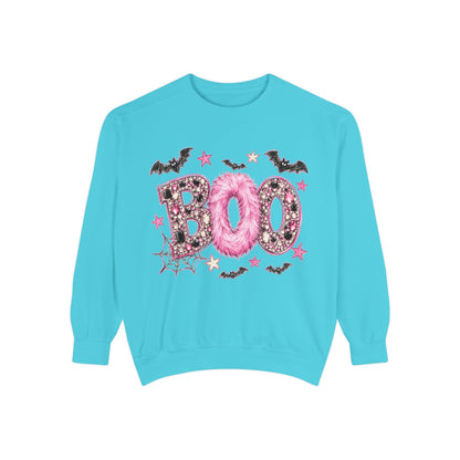 Halloween "BOO" Sweatshirt — Pink Glitter Bat & Spiderweb Graphic