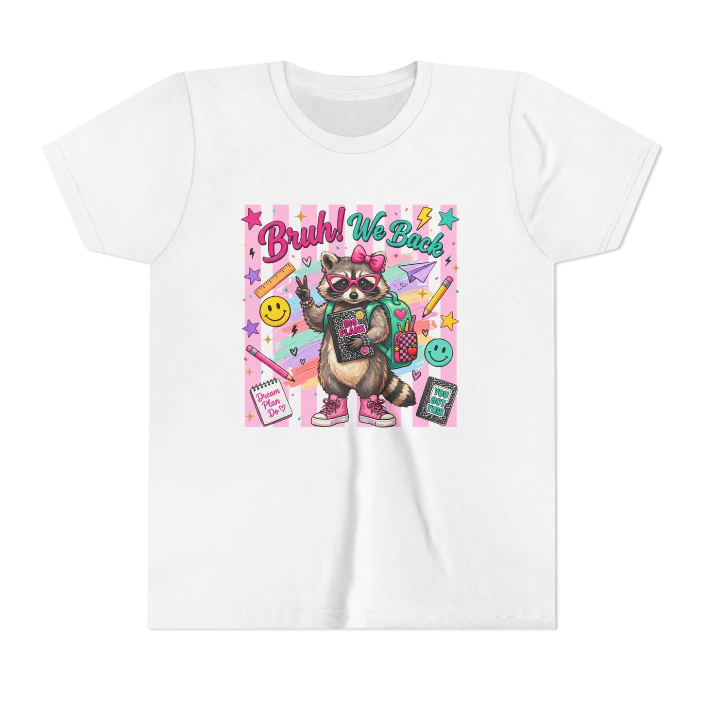 Youth Tee — “Brush We Back” Raccoon Art School Supplies Graphic