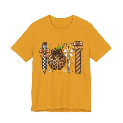 Leopard Apple & School Tools Teacher T‑Shirt — Back to School Graphic Tee