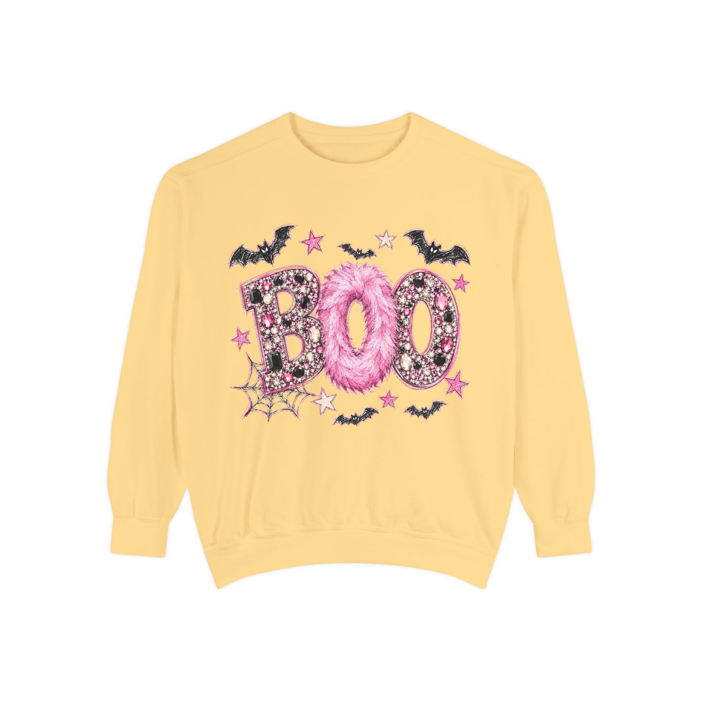 Halloween "BOO" Sweatshirt — Pink Glitter Bat & Spiderweb Graphic