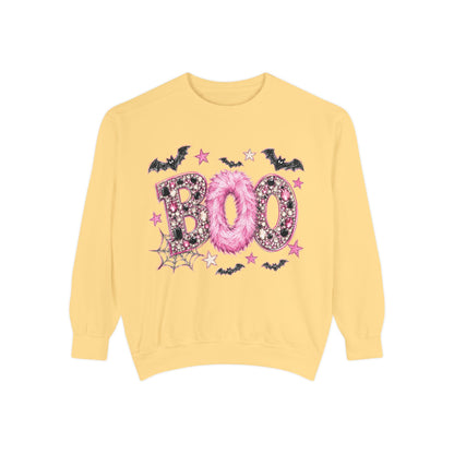 Halloween "BOO" Sweatshirt — Pink Glitter Bat & Spiderweb Graphic
