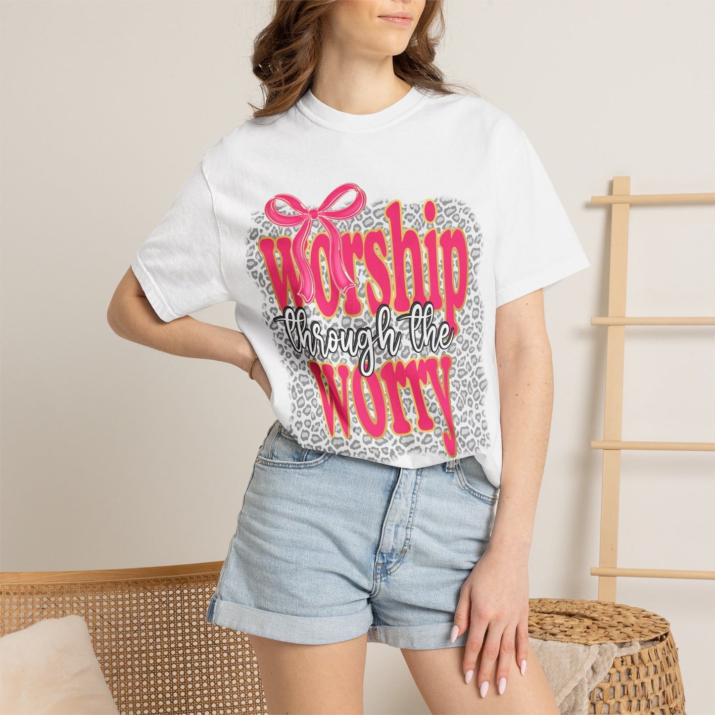 Worship Through the Worry T-Shirt — Faith-Inspired Leopard Graphic Tee
