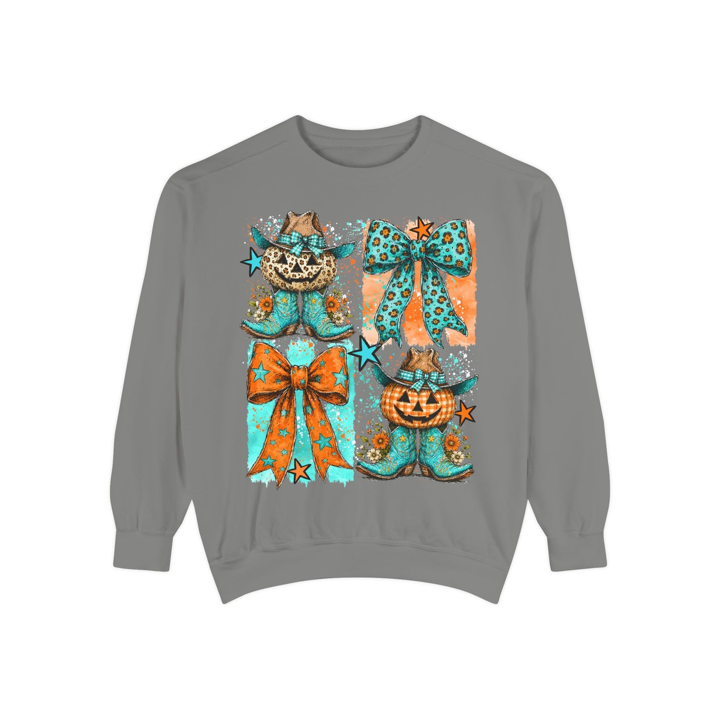 Halloween Cat & Pumpkin Bow Sweatshirt — Cute Teal Orange Fall Graphic