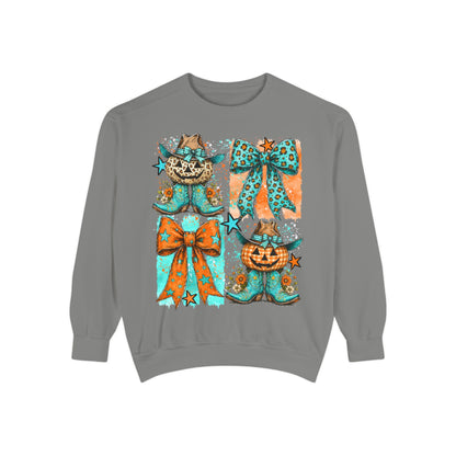 Halloween Cat & Pumpkin Bow Sweatshirt — Cute Teal Orange Fall Graphic