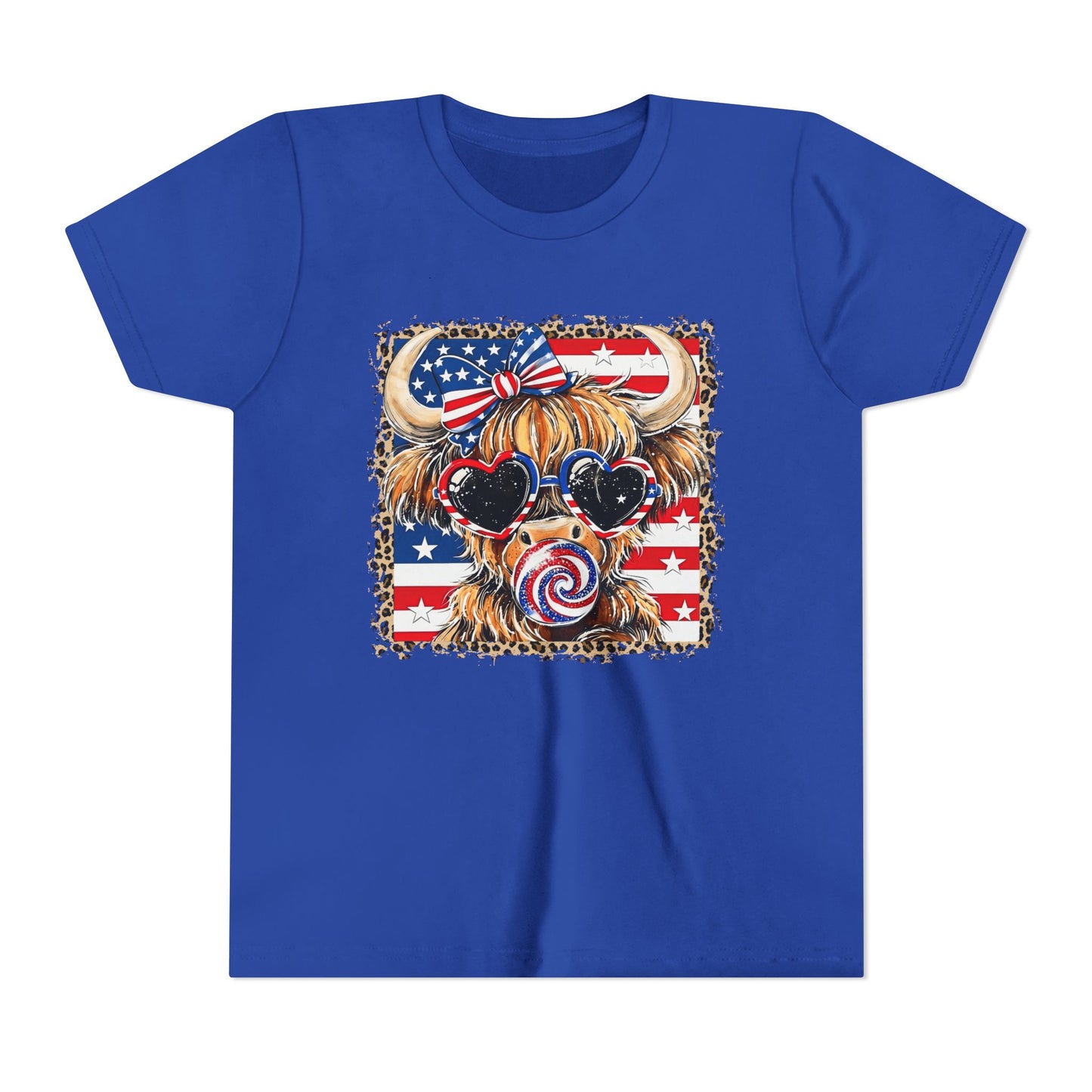 Patriotic Highland Cow Youth Tee — American Flag Bow & Heart Sunglasses