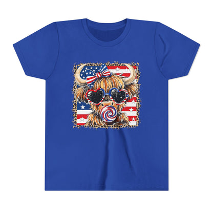Patriotic Highland Cow Youth Tee — American Flag Bow & Heart Sunglasses