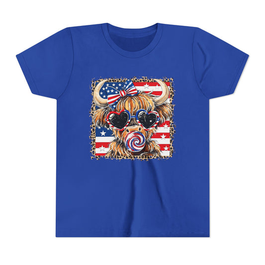 Patriotic Highland Cow Youth Tee — American Flag Bow & Heart Sunglasses