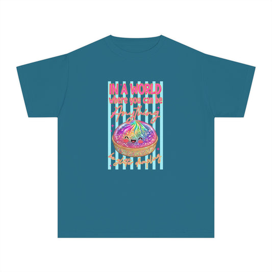 Youth Tee — "In a World Where You Can Be Anything" Rainbow Donut Graphic